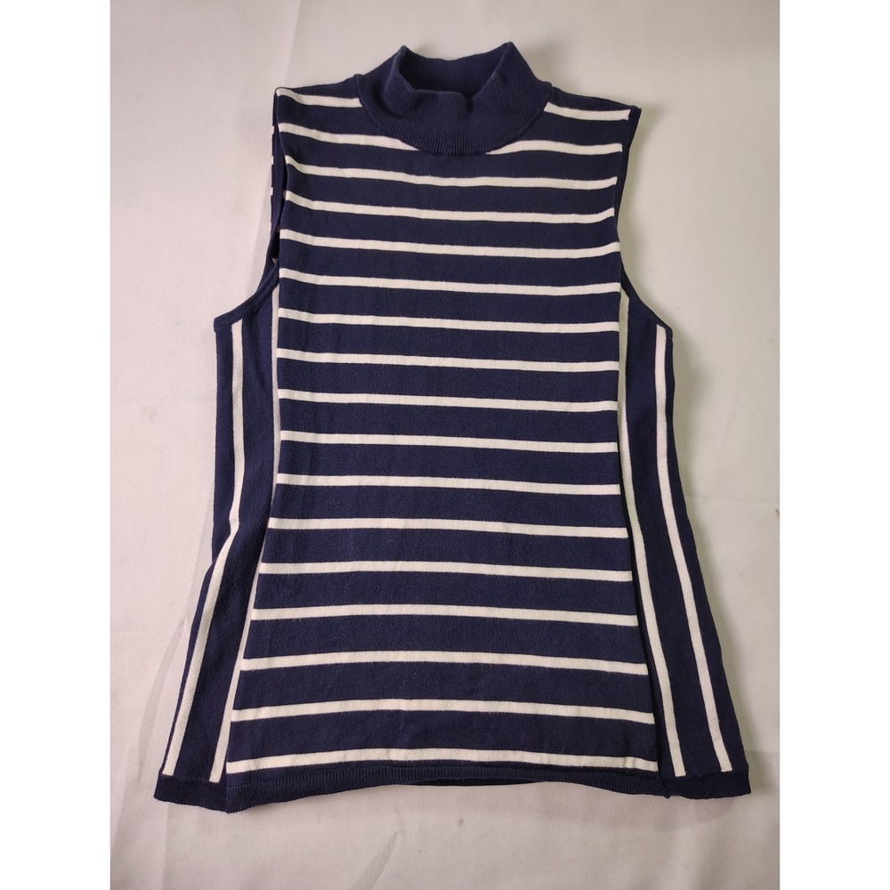 Chaps Womens Navy Blue White Striped‎ Mock Neck Sleeveless Pullover Top Size M